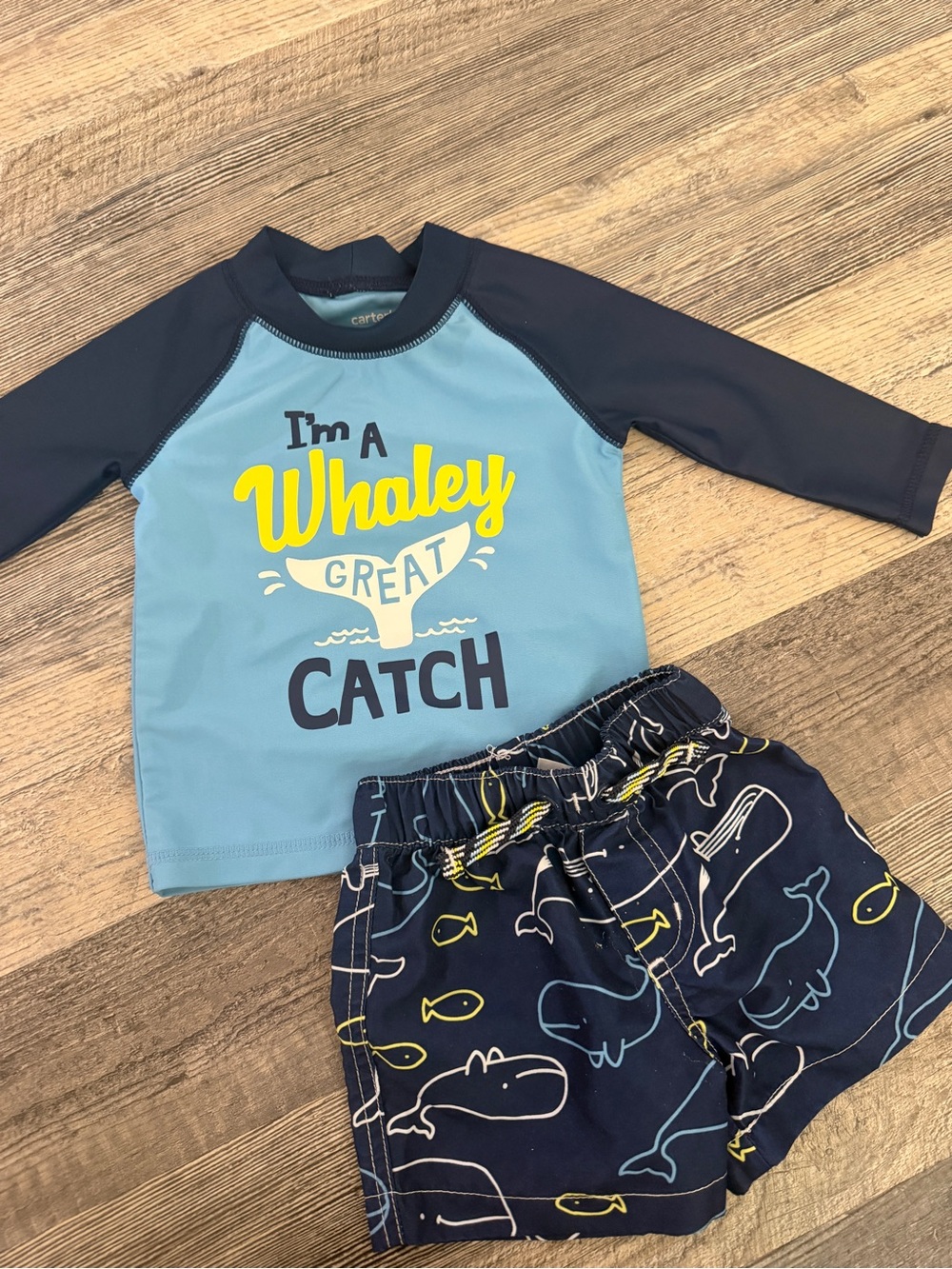 Carter’s Whaley Great Catch 2-Piece Rash Guard Swim Trunks Set 6 Months Blue